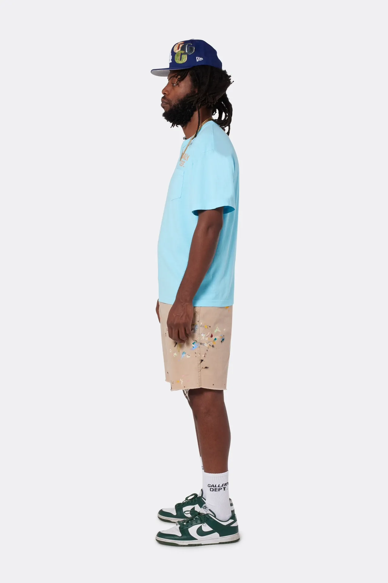 GALLERY DEPT. RICKY SHORT/KHAKI Splash-ink knife-cut khaki work shorts, khaki color 30-32-34-36 code, re-adjusted version, re-washed to make old VINTAGE, hand-made acrylic splash-ink graffiti, genuine cowhide steel stamped LOGO leather tag, original version with LOGO buttons
